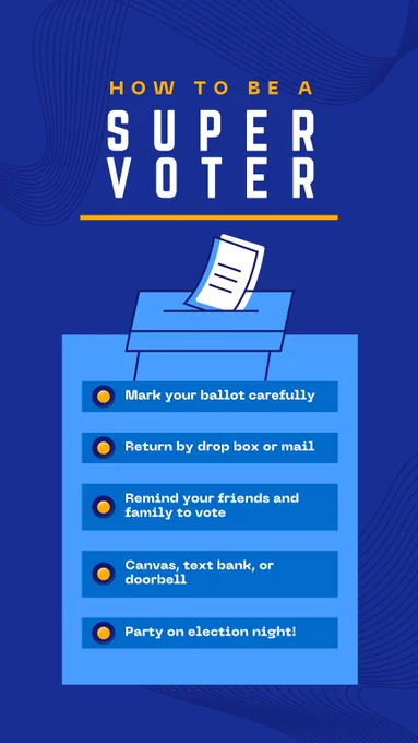 How to be a super voter:
Mark your ballot carefully.
Return by drop box or mail.
Remind your friends and family to vote.
Canvas, text bank, or doorbell.
Party on election night!