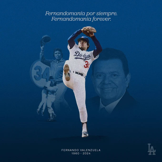 Un gráfico anunciando el sensible fallecimiento del legendario lanzador Fernando Valenzuela con recortes fotográficos de él y el texto “Fernandomanía por siempre. Fernandomania forever”.