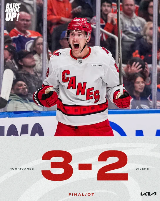 Canes beat the Oilers 3-2 in OT 