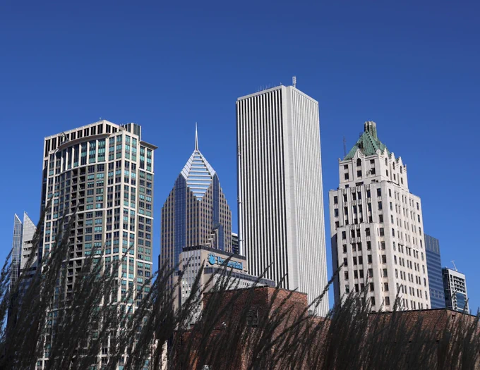 Grass grows in front of buildings