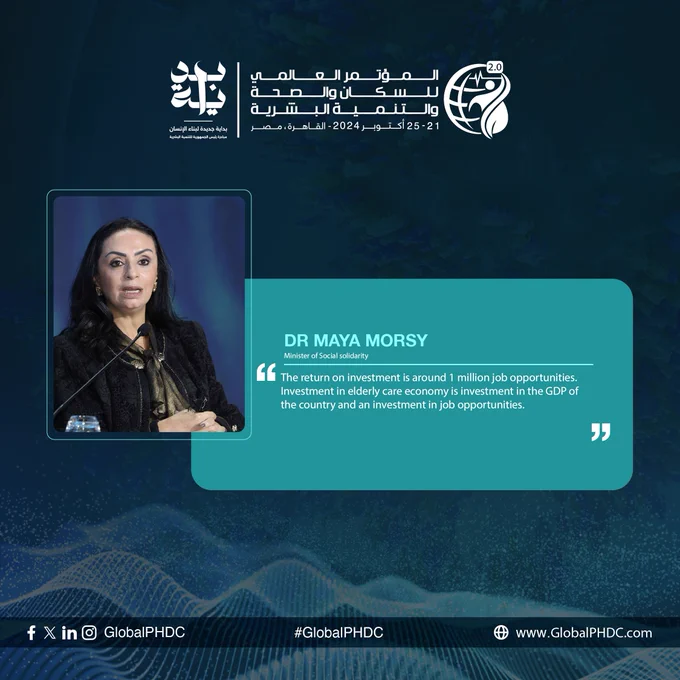 "يُقدَّر عائد الاستثمار بحوالي مليون فرصة عمل. إن الاستثمار في اقتصاد رعاية كبار السن يُعَدُّ استثمارًا في الناتج المحلي الإجمالي للبلاد وفرص العمل."

معالي الدكتورة مايا مرسي، وزيرة التضامن الاجتماعي.

#بداية #مبادرة_رئيس_الجمهورية_للتنمية_البشرية #بداية_جديدة_لبناء_الإنسان
#PHDC24 #BedayaforEgypt #CreatingChange #HumanDevelopment #ForASustainableFuture