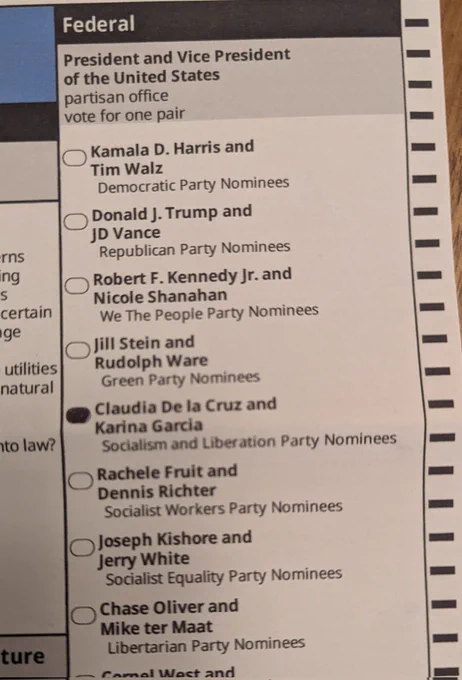 Image of my election ballot, reflecting a vote for Claudia de la Cruz for President of the United States.