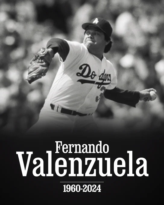 In memoriam, Fernando Valenzuela
1960-2024
Pictured: A black and white photo of Valenzuela delivering a pitch in a Dodgers uniform.