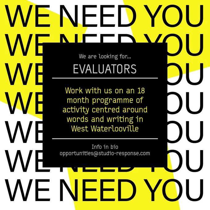 social media card with the words we need you and a central panel with the white words we are looking for evaluators 