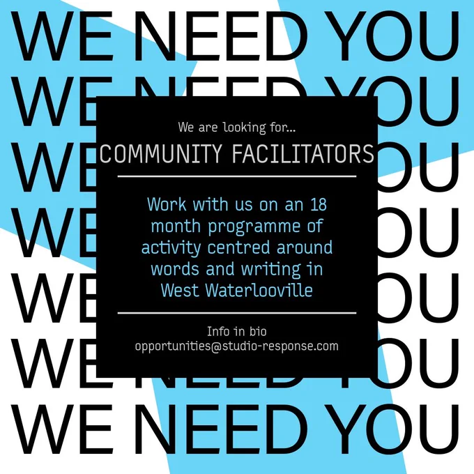 social media card with the words we need you and a central panel with the white words we are looking for community facilitators 
