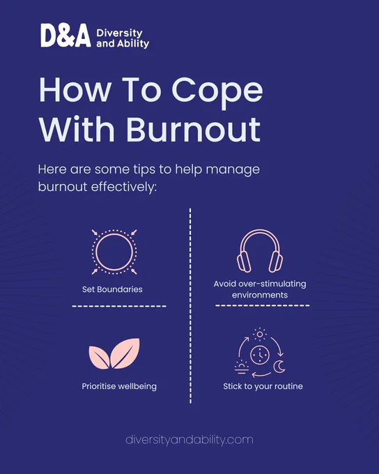Text reads 'How To Cope With Burnout, Here are some tips to help manage burnout effectively: Set Boundaries, Prioritise wellbeing, Avoid over-stimulating environments, Stick to your routine, diversityandability.com'
