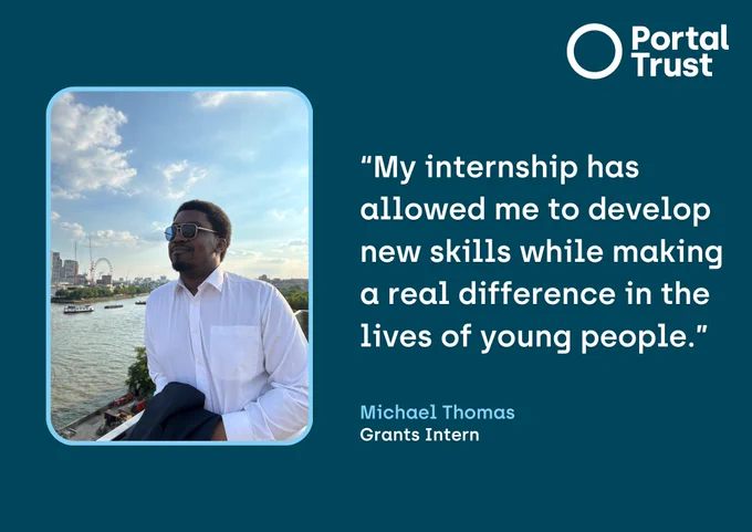 The quote reads 'My internship has allowed me to develop new skills while making a real difference in the lives of young people.' 