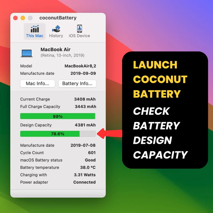 MacBook battery details by Coconut Battery