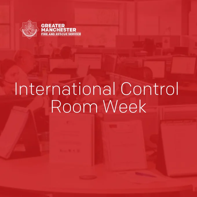 Graphic text reads 'international control room week'. GMFRS logo with image of a control room in the background