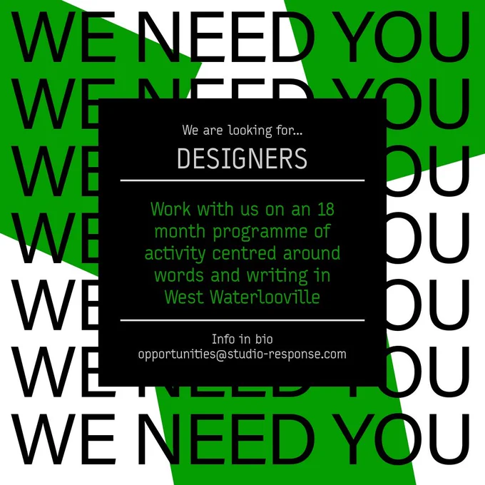 social media card with the words we need you and a central panel with the white words we are looking for designers 