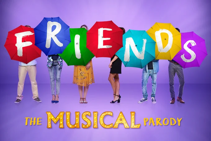 A photo showing artwork for Friends the Parody Musical, with a group of individuals holding umbrellas over their faces 