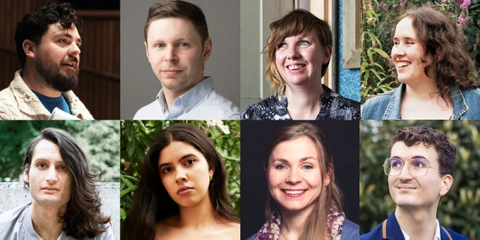 A collage of the 2025 cohort of RPS Composers, clockwise from top left: Arthur Keegan, Cameron Biles-Liddell, Amble Skuse, Emily Hazrati, Derri Joseph Lewis, Lisa Robertson, Sasha Scott and Zygmund de Somogyi.