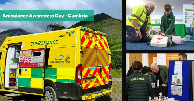 Collage of three images featuring North West Ambulance Service. On the left, a vividly marked ambulance is parked outdoors with mountains in the background. The two right panels; above shows two individuals demonstrating CPR on a mannequin, and below shows a conversation at a table in a marketplace.