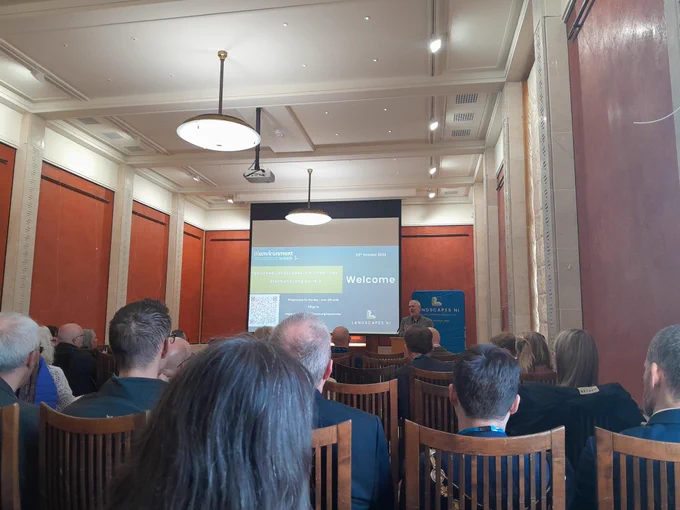 Mike McClure from LandscapesNI welcomes everyone to the event at the Long Gallery in Stormont.