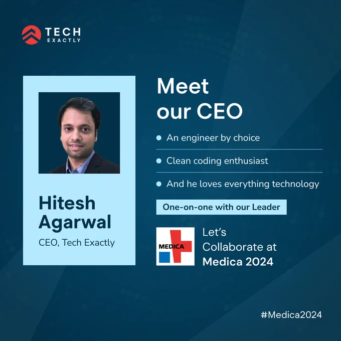 A photo of Hitesh Agarwal, CEO of Tech Exactly, a technology company. He's described as an engineer by choice and a clean coding enthusiast. The image also includes the text "Meet our CEO" and "Collaborate at Medica 2024.