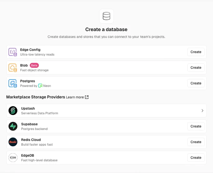 Create a database with a list showing Edge Config, Blob and Postgres but no KV