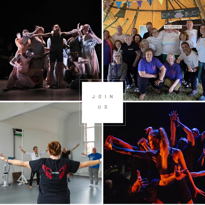 4 photos of FADT - performing on stage at Royal Opera House, posing as a group at Grosvenor Park Open Air theatre, a workshop in Liverpool and live on stage with Traces Through Time