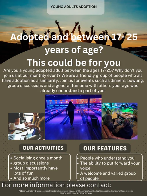Adopted young adults group flyer with images of some of the events and details of the group