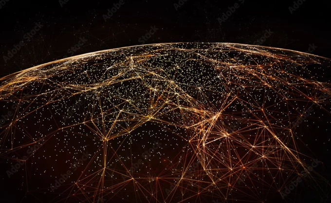 A digital illustration featuring a network of glowing connections over a darkened view of Earth, depicting global spread.