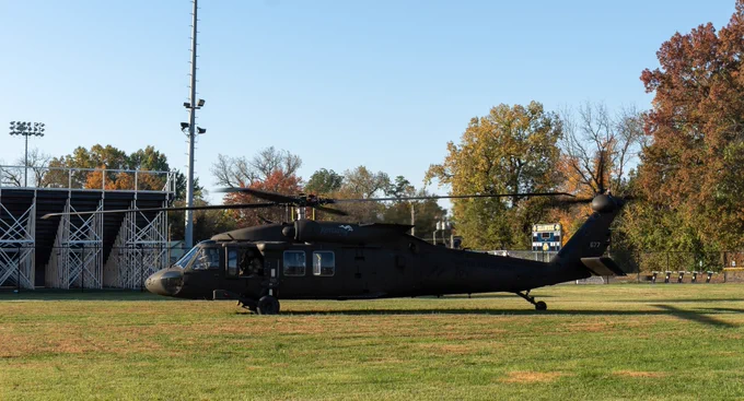 A Black Hawk helicopter lands on Shawnee's campus.