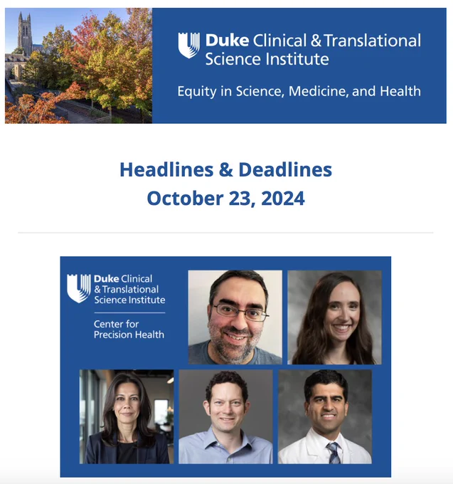 Screen grab of the Oct. 23 Duke CTSI newsletter "Headlines & Deadlines" with a photo of the five pilot grant awardees for the Center for Precision Health.