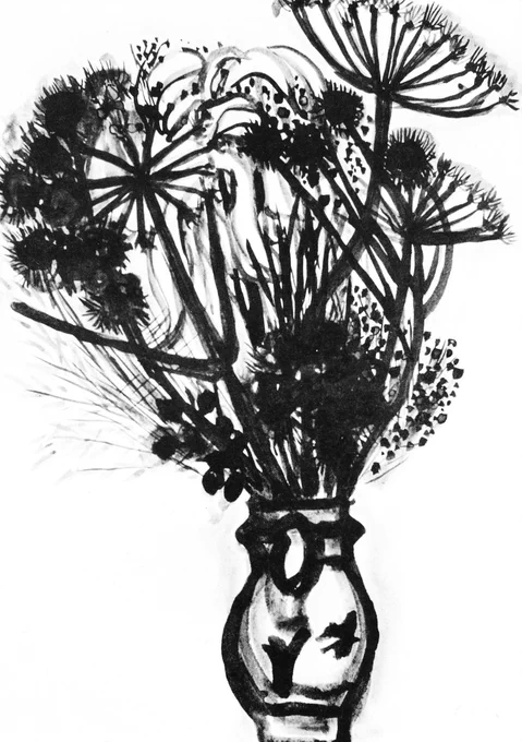 Black ink drawing dating to c. 1959 showing spiky flower and seedheads rising high above a baluster shaped vase. As often seen in Bet Low’s still life compositions of flowers or dried seedheads, the composition is offset to the right and slightly cropped towards the top. 