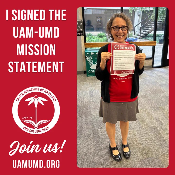 UAM-UMD is building a union  that unites faculty of all ranks and types to secure fair, equitable, and transparent working and learning conditions  for all campus workers.

Join our president @KarinRosemblatt in signing UAM-UMd's new mission statement: https://actionnetwork.org/forms/2371345bcd700c9bad4b5c5b4db09f7f541270ce?source=direct_link&