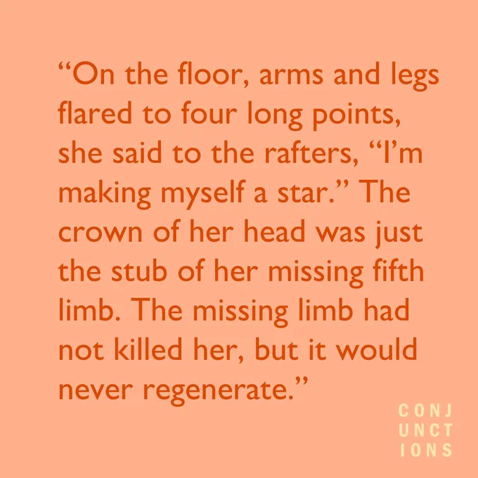 Pink background with the text: "On the floor, arms and legs flared to four long points, she said to the rafters, 'I'm making myself a star.' The crown of her head was just the stub of her missing fifth limb. The missing limb had not killed her, but it would never regenerate."