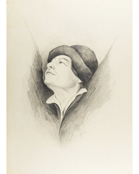 Graphite sketch of the head of a woman (Ida O’Keeffe) facing toward the left side of the paper with her head thrown up. On either side dark shapes of arms resembling wings stretch out. 