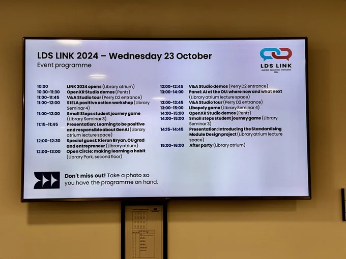 Display screen showing the schedule for main events for the day.