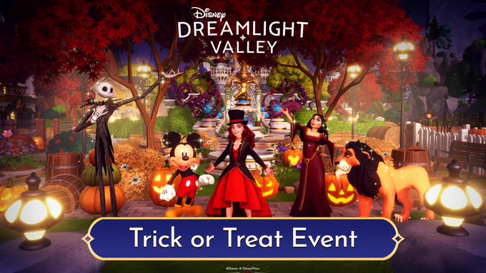 Disney Dreamlight Valley art, showing a variety of characters gathered in the Valley, flanked by jack-o-lanterns. A banner reads, "Trick or Treat Event"