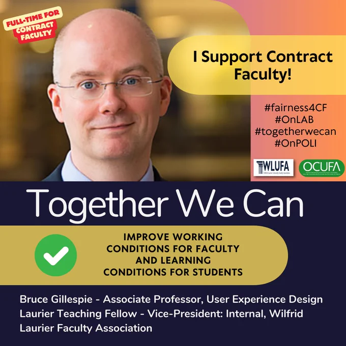 Graphic poster with WLUFA Member profile picture. Together we can. Full-time for Contract Faculty