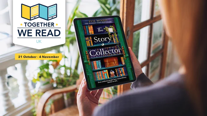 Image shows promotional poster with someone holding an e-reader with the featured title on it