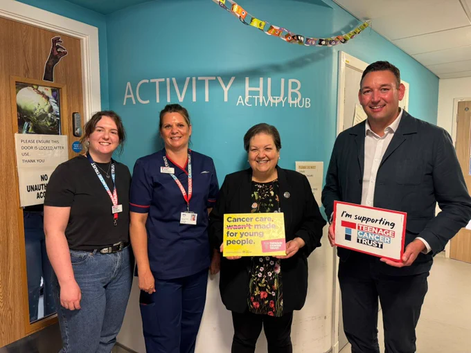 Teenage Cancer Trust Youth Support Coordinator, Nicola, and Clinical Nurse Specialist, Maureen, pictured with MPSs Miles Briggs and Jackie Baillie.
