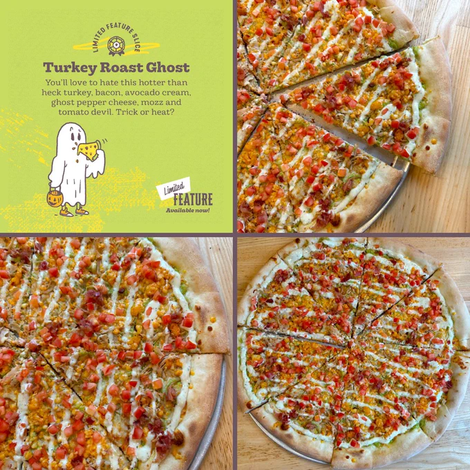 A description of the Turkey Roast Ghost: mozzarella, avocado creme, turkey, bacon, ghost pepper cheese, topped with ranch and diced tomatoes