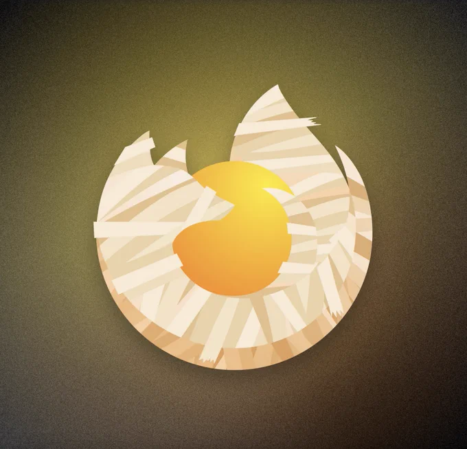 The firefox is wrapped in paper like a mummy. In the middle, there's a yellow/orange orb. 