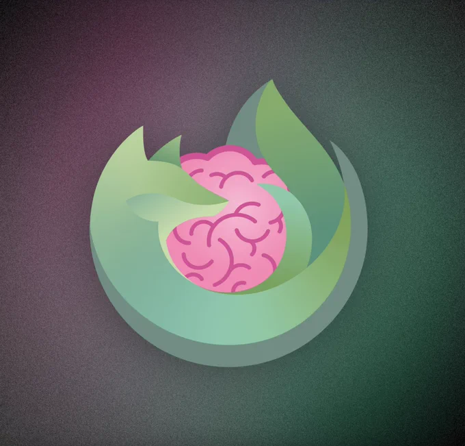The firefox logo in a green color. The green Firefox is wrapped around a a brain. Simulating a zombie. 