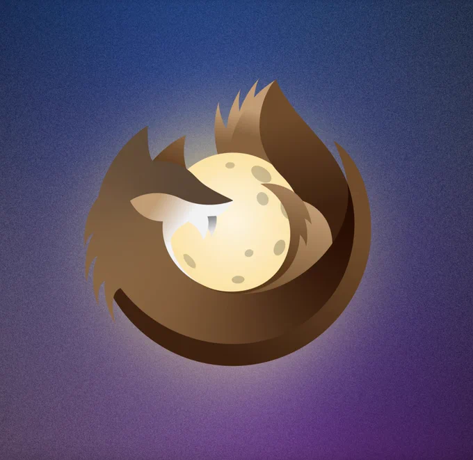 The Firefox logo is brown and has fangs like a wolf. The logo is wrapped around the moon. 