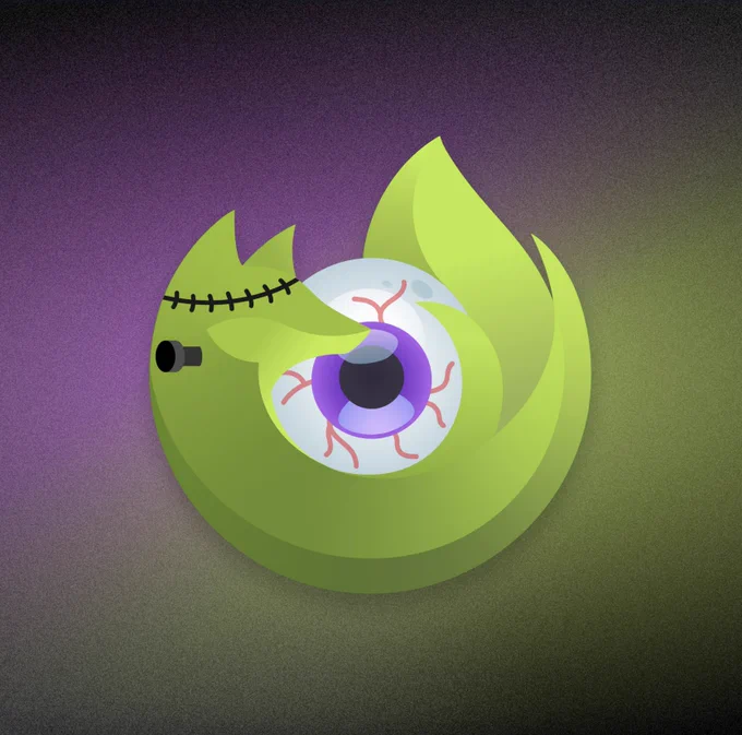 The firefox logo is a bright green color. It has stitches in its head and a bolt coming our out of its neck. It is wrapped around an eye ball. 