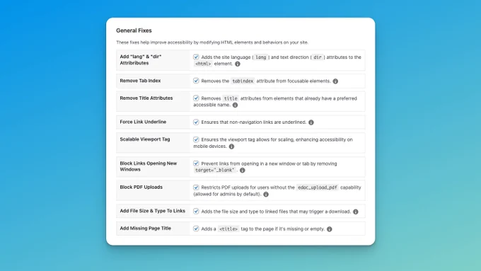 Screenshot of the Accessibility Checker setting page that shows a list of upcoming accessibility fixes.