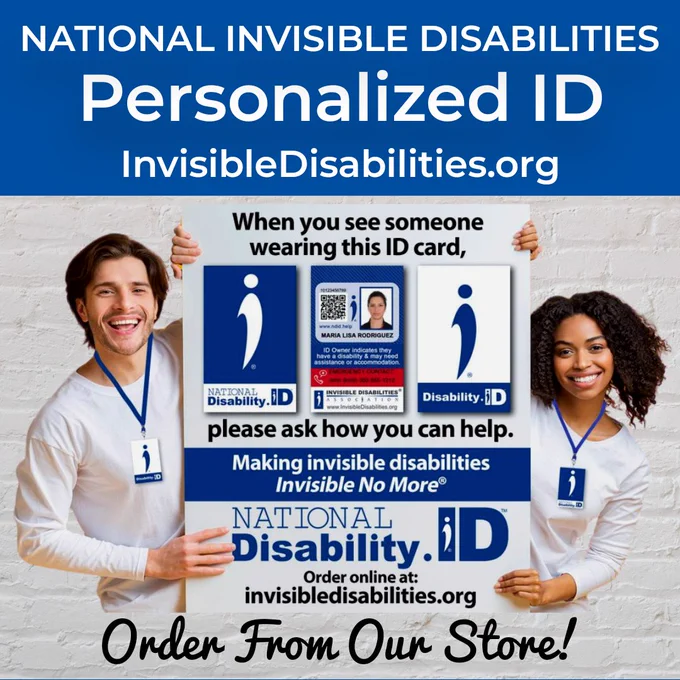 Young man and young lady holding up a board with information about the National Invisible Disabilities ID. 