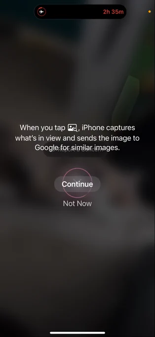 A welcome screen saying "When you tap the photo icon, iPhone captures what's in the view and sends the image to Google for similar images."