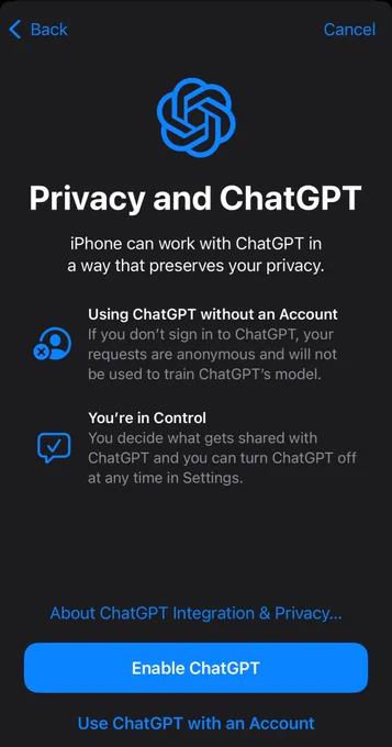 Privacy and ChatGPT menu. Describes the process, and says that using ChatGPT without an account will make requests anonymous and will not be used to train models.