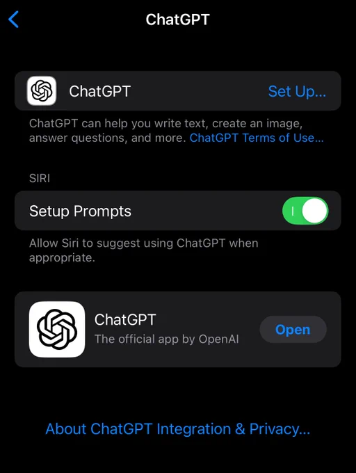 ChatGPT settings menu, with an option to set it up, or to toggle siri setup prompts.