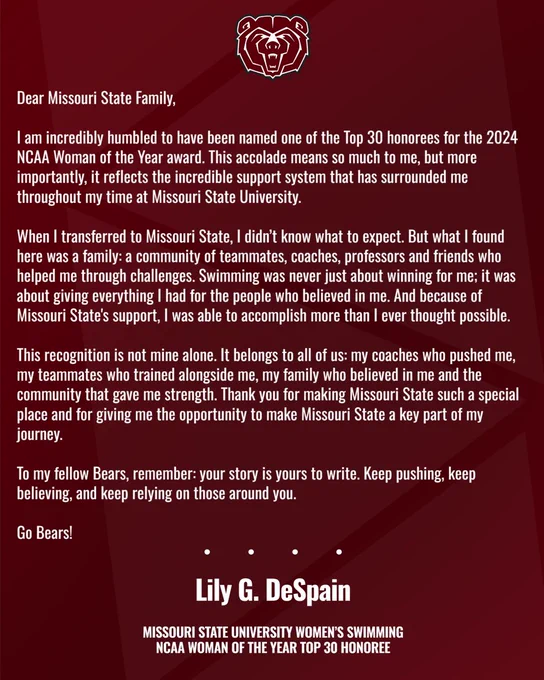 An open letter from 2024 NCAA Woman of the Year Top 30 Honoree Lily DeSpain.