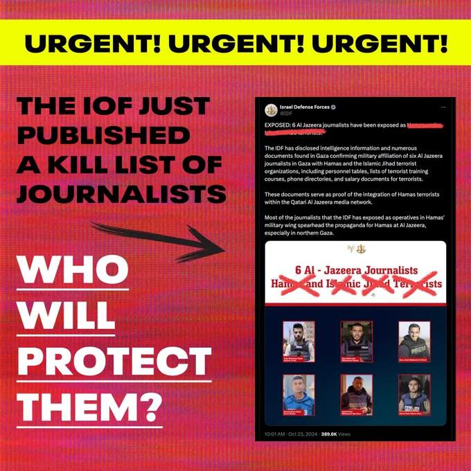 Alt text: URGENT! URGENT! URGENT! THE IOF JUSD PUBLISHED A KILL LIST OF JOURNALISTS. WHO WILL PROTECT THEM?

Visual description: red background, black and white text. On the right is the original IOF tweet with red x’s added across the headline.