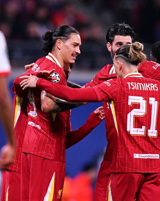 Nunez celebrates his goal against RB Leipzig.