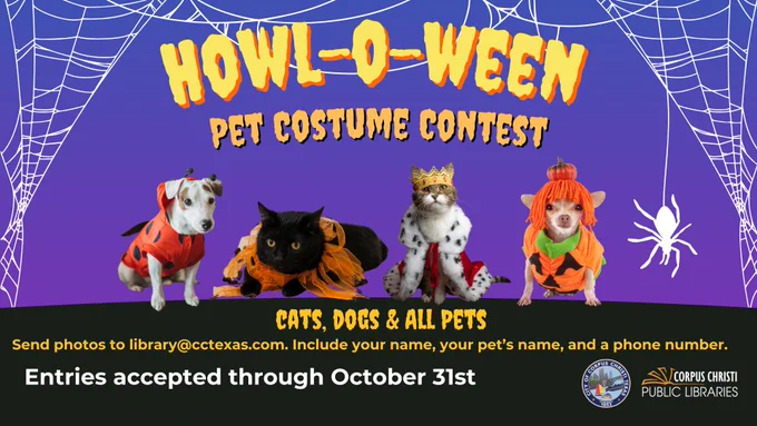 Image of dogs and cats in Halloween costumes. Text reads: Howl-o-ween Pet Costume Contest. Cats, dogs, and all pets welcome. Entries accepted through October 31.