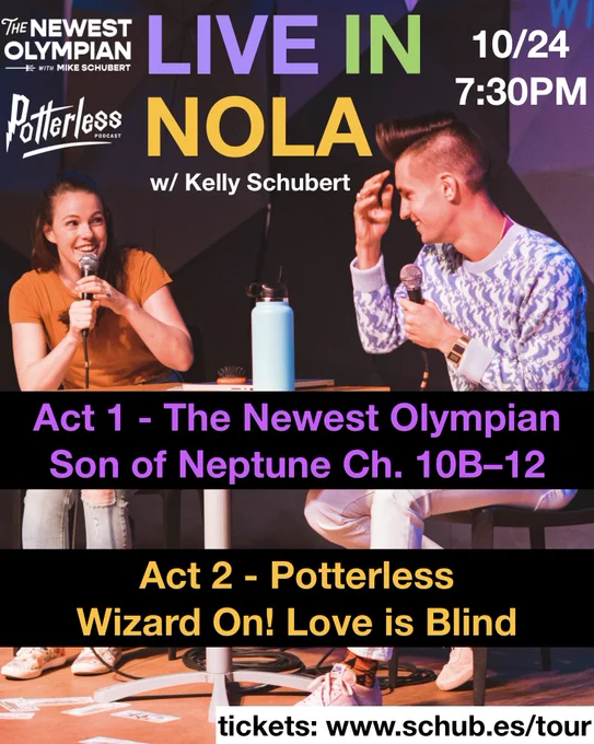 Promo poster for the NOLA TNO/Potterless show. Photo is of Mike and Kelly at a live show, info is the show is 10/24/24 in NOLA at 7:30 PM. TNO is SoN Ch. 10B-12, Potterless is Wizard On! Love is Blind
