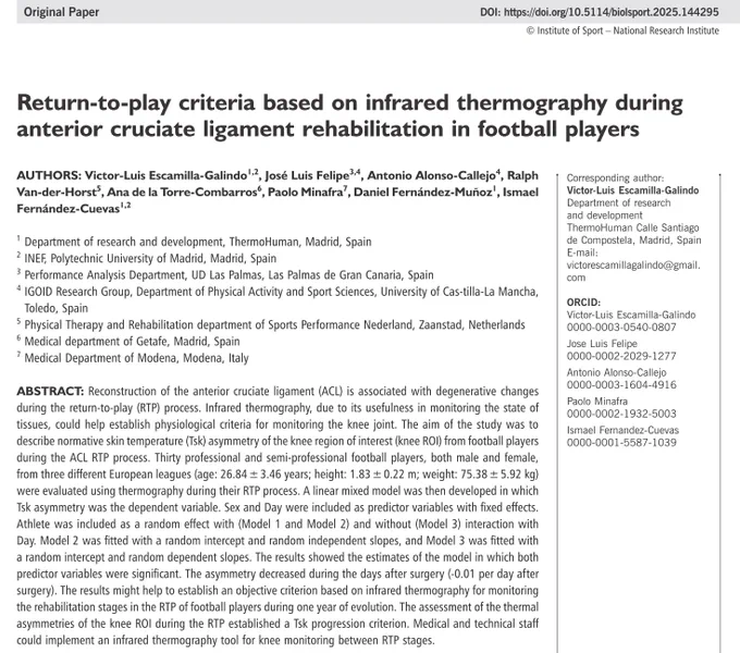 Escamilla-Galindo V, Felipe J, Alonso-Callejo A, et al. Return-to-play criteria based on infrared thermography during anterior cruciate ligament rehabilitation in football players. Biology of Sport. 2025;42(2):161-167. doi:10.5114/biolsport.2025.144295.